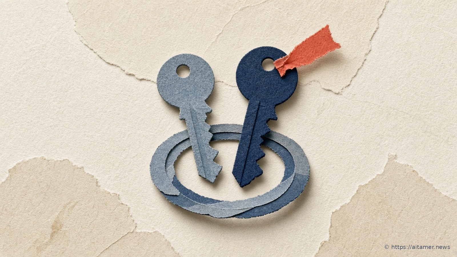 Two cut-paper keys on an oval ring—steel-blue and deep navy—with a small coral tag on the newer navy key, on layered cream paper.
