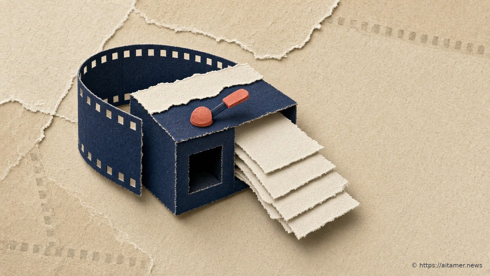 A paper-cut collage of a paper film strip folding into a small machine with one lever, sending a tidy row of frames out the other side.