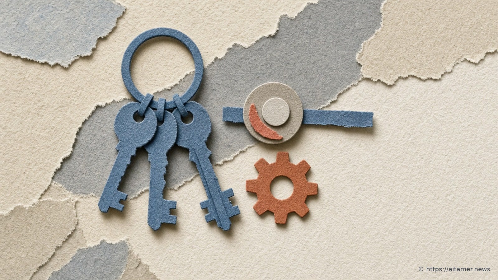 A steel blue paper key ring with three keys beside a round paper button on a blue bar marked with a coral sliver, and a small rust paper gear, on slate and cream layers.