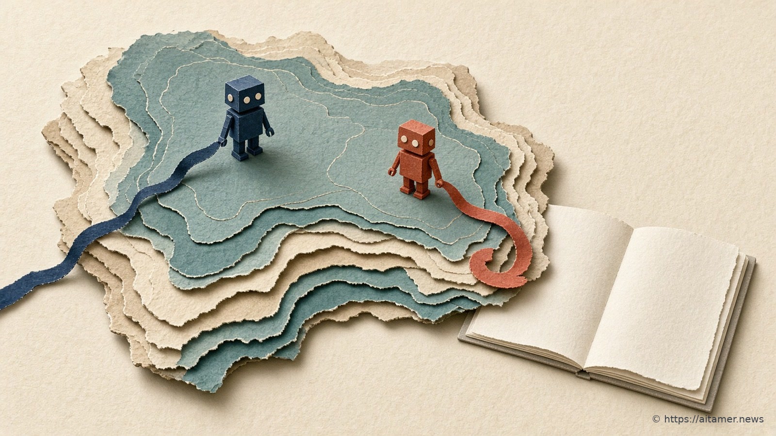Two small paper robots on a layered paper topographic map, each trailing its own navy or rust ribbon path, the rust one curling back, beside an open blank notebook.
