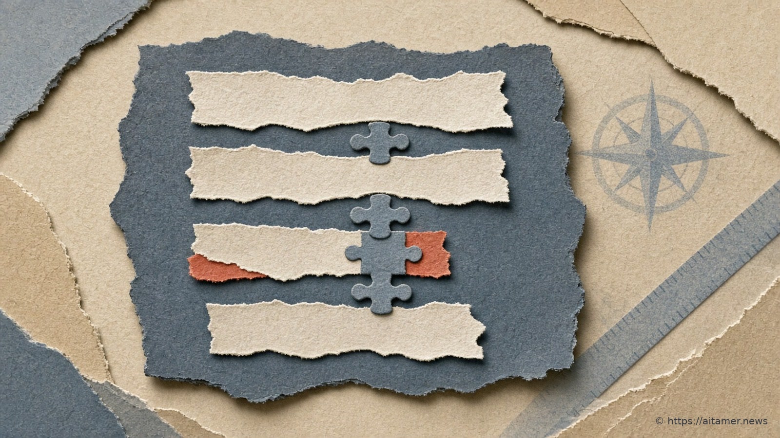 Four torn cream paper strips on a slate-blue panel, joined by blue puzzle-piece links, with one coral fragment and a faint compass rose nearby.