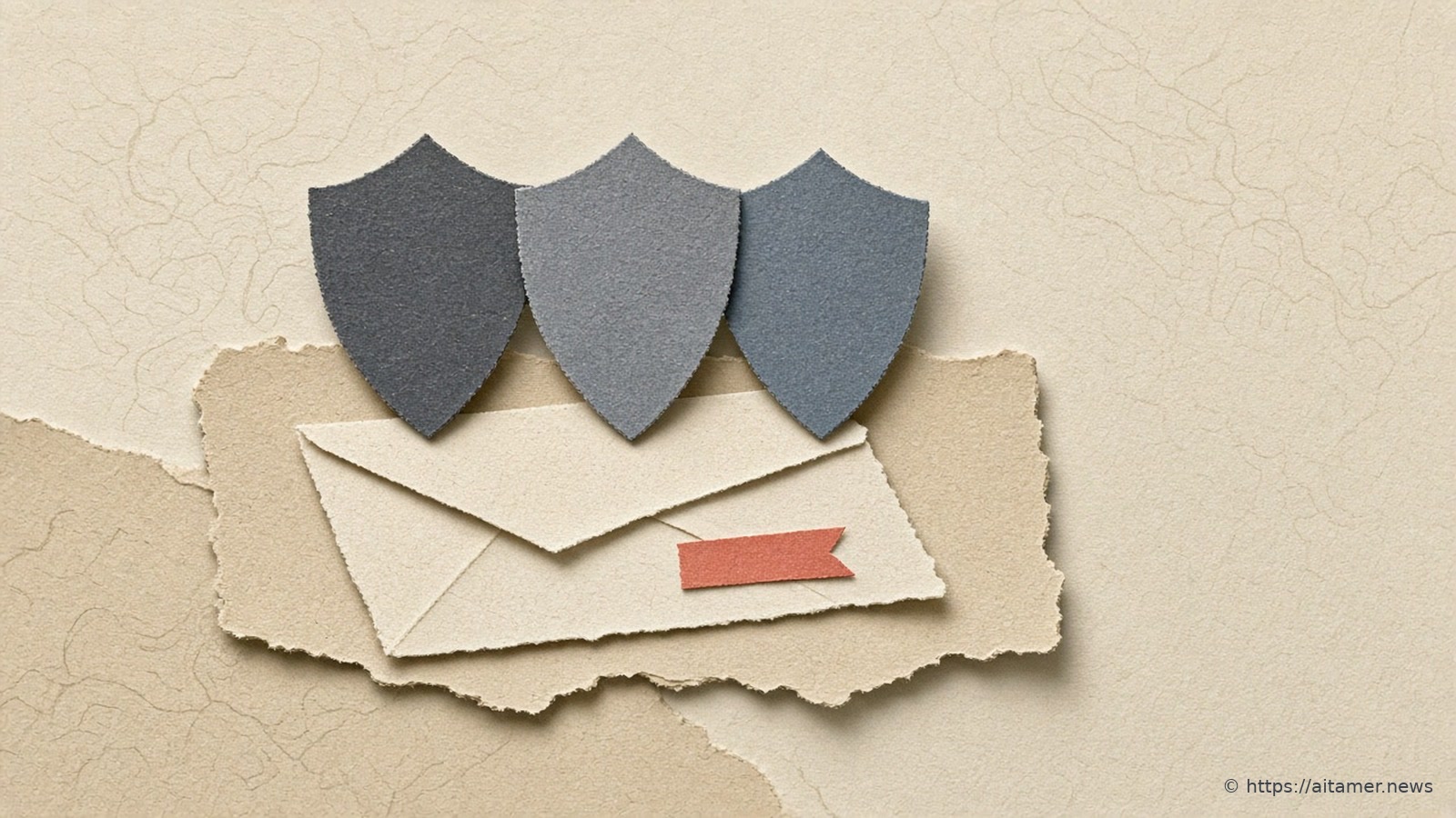 A paper-cut collage of three paper shields standing on one shared base with circuit lines, a folded agreement laid across it.
