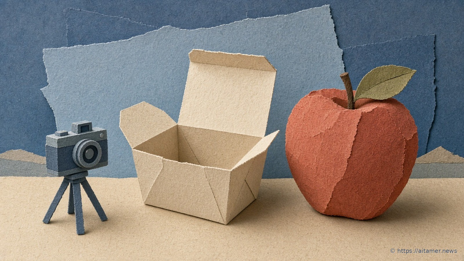 Paper-cut illustration of a slate camera on a short tripod looking at an open cream lunchbox beside a rust apple larger than the box, on dusty blue paper layers.