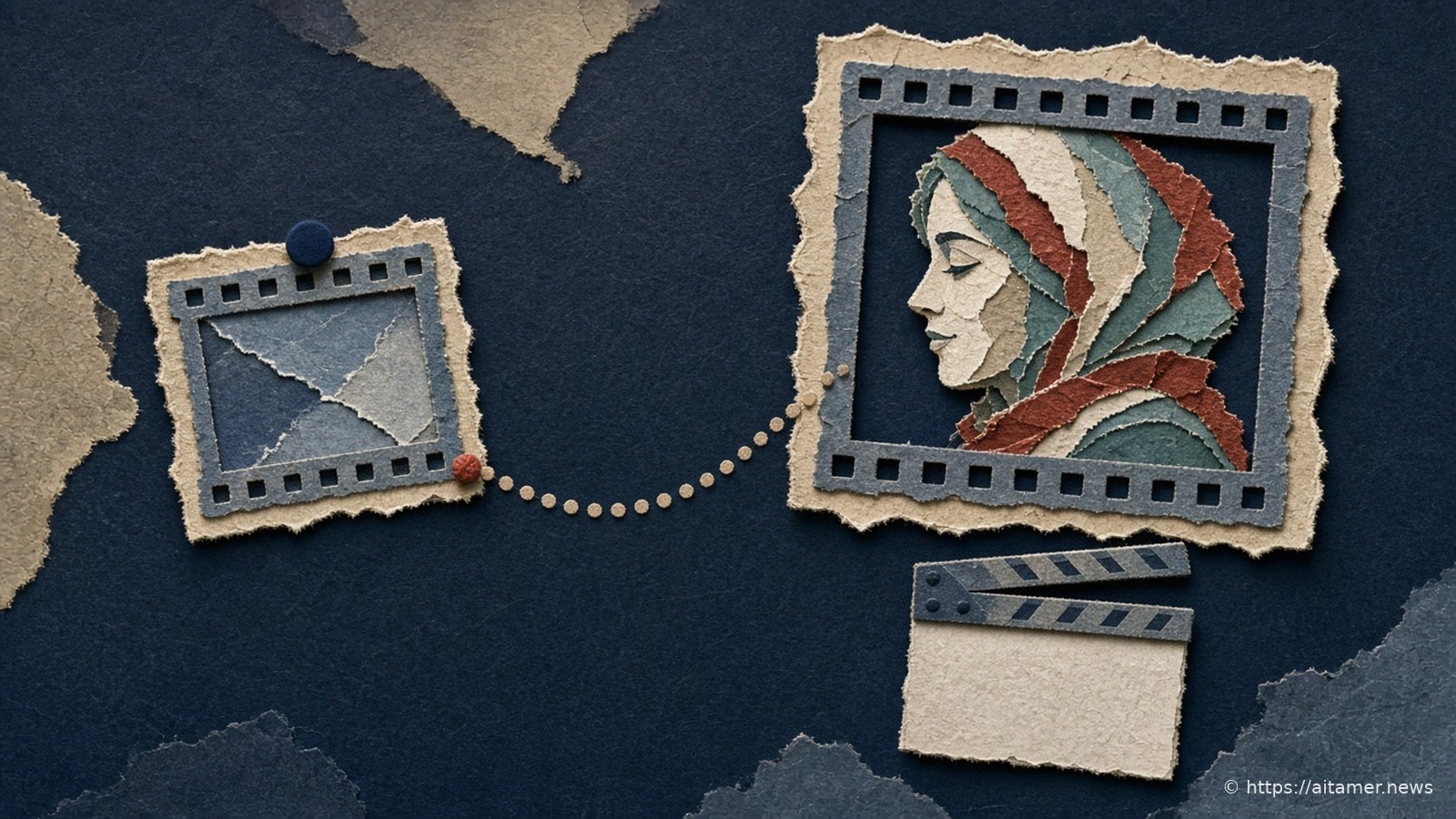 Cut-paper illustration of a rough small film frame linked by a dotted thread to a large detailed frame of a face in profile, above a blank clapperboard.