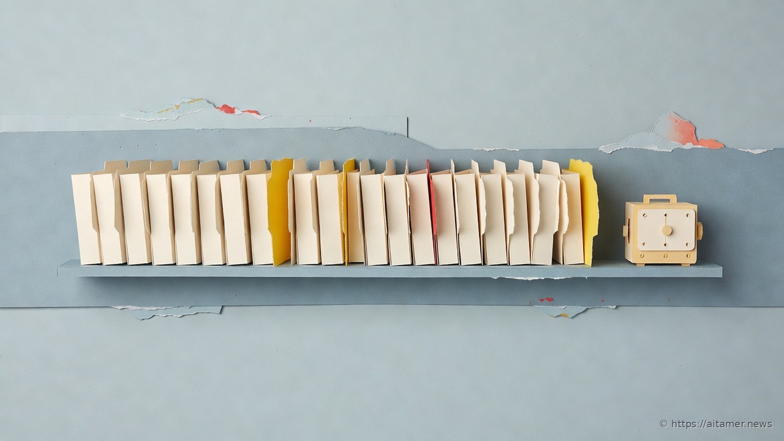 A long shelf of cream paper folders, only a few showing yellow sheets, with a small tally counter at the end.