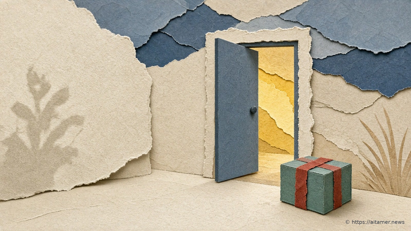 A slate-blue paper door opens onto layered yellow paper light in a cream wall, with a teal gift box tied in a rust ribbon waiting outside.