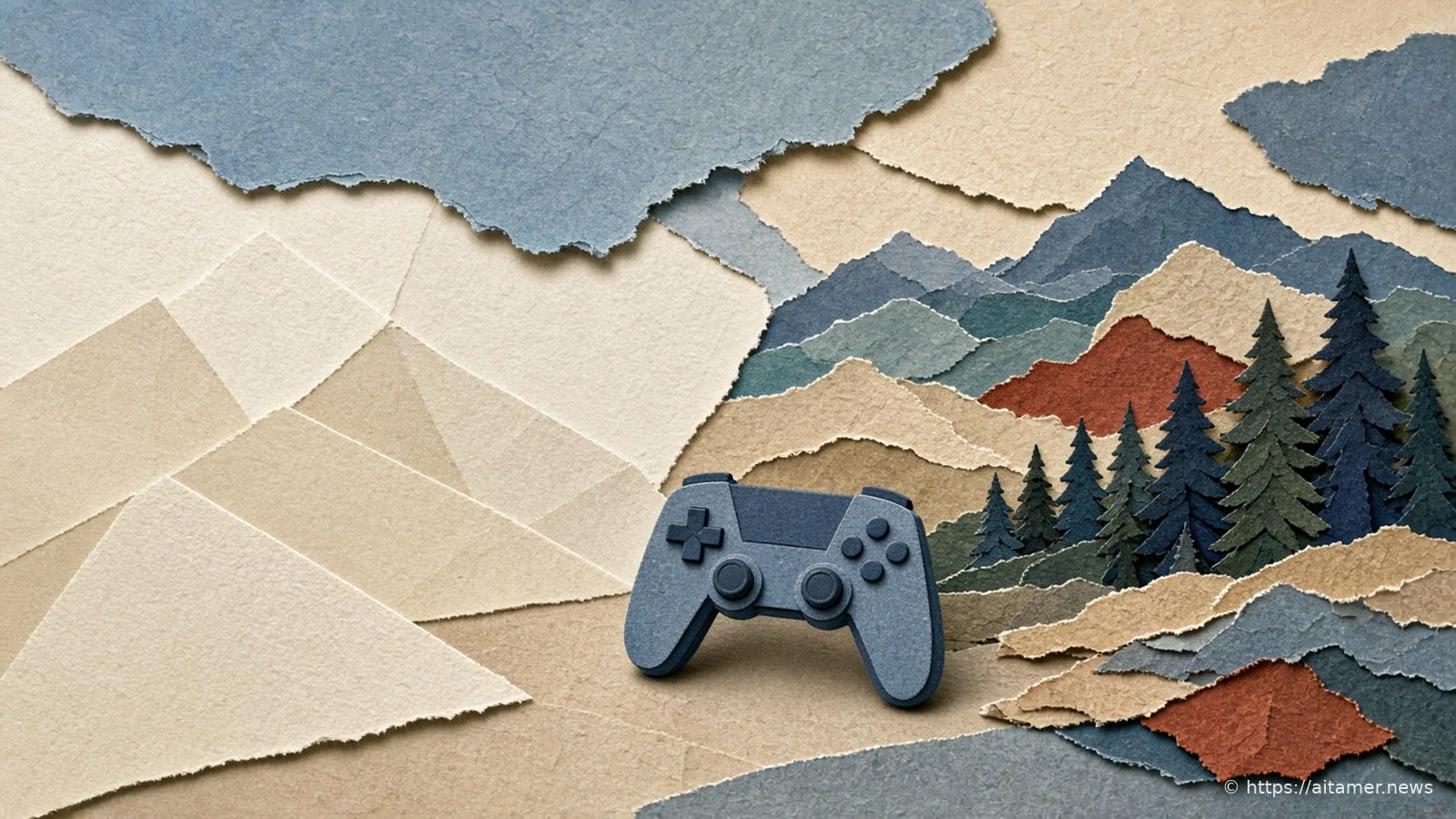 Flat low-poly ivory paper facets on the left turning into a detailed layered paper landscape of hills and pines, with a steel-blue paper game controller in front.