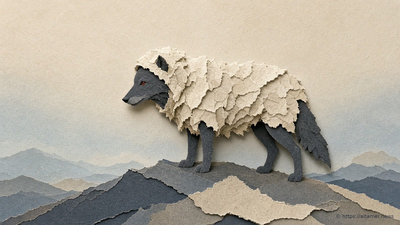 A dark grey paper wolf wearing a loose fleece of torn cream paper stands on layered grey and sand paper hills, one rust-red eye showing under the hood, with misty blue-grey ridges behind.