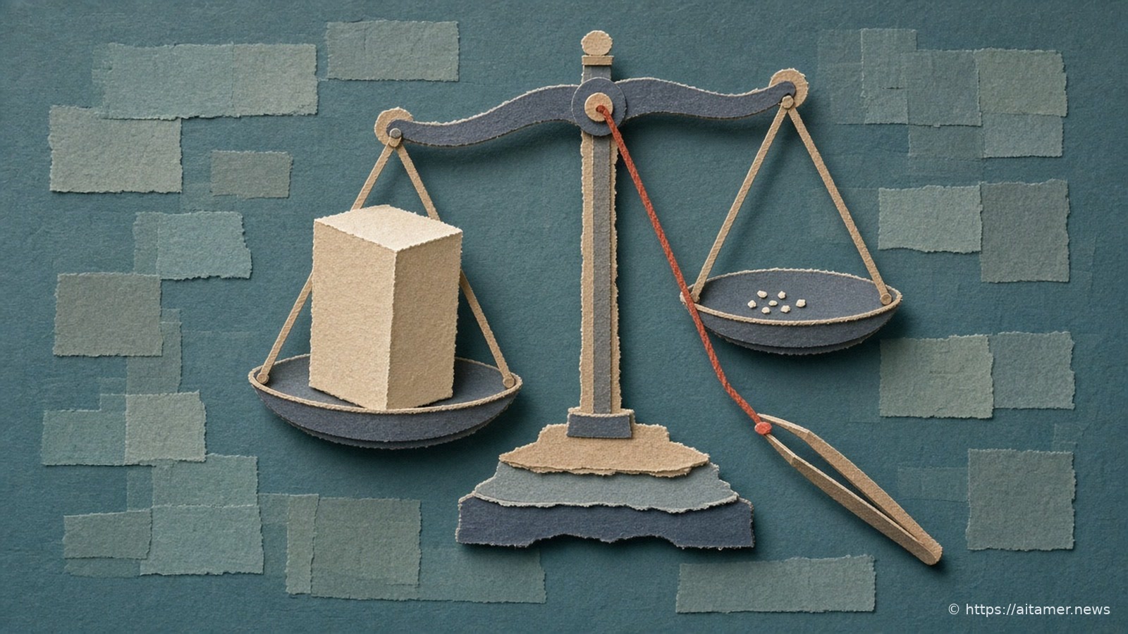 Cut-paper balance scale on a muted teal background: a tall ivory block on one pan outweighs a few tiny grains on the other, while a rusty-red thread runs from the pivot to a pair of tweezers with a coral tip.