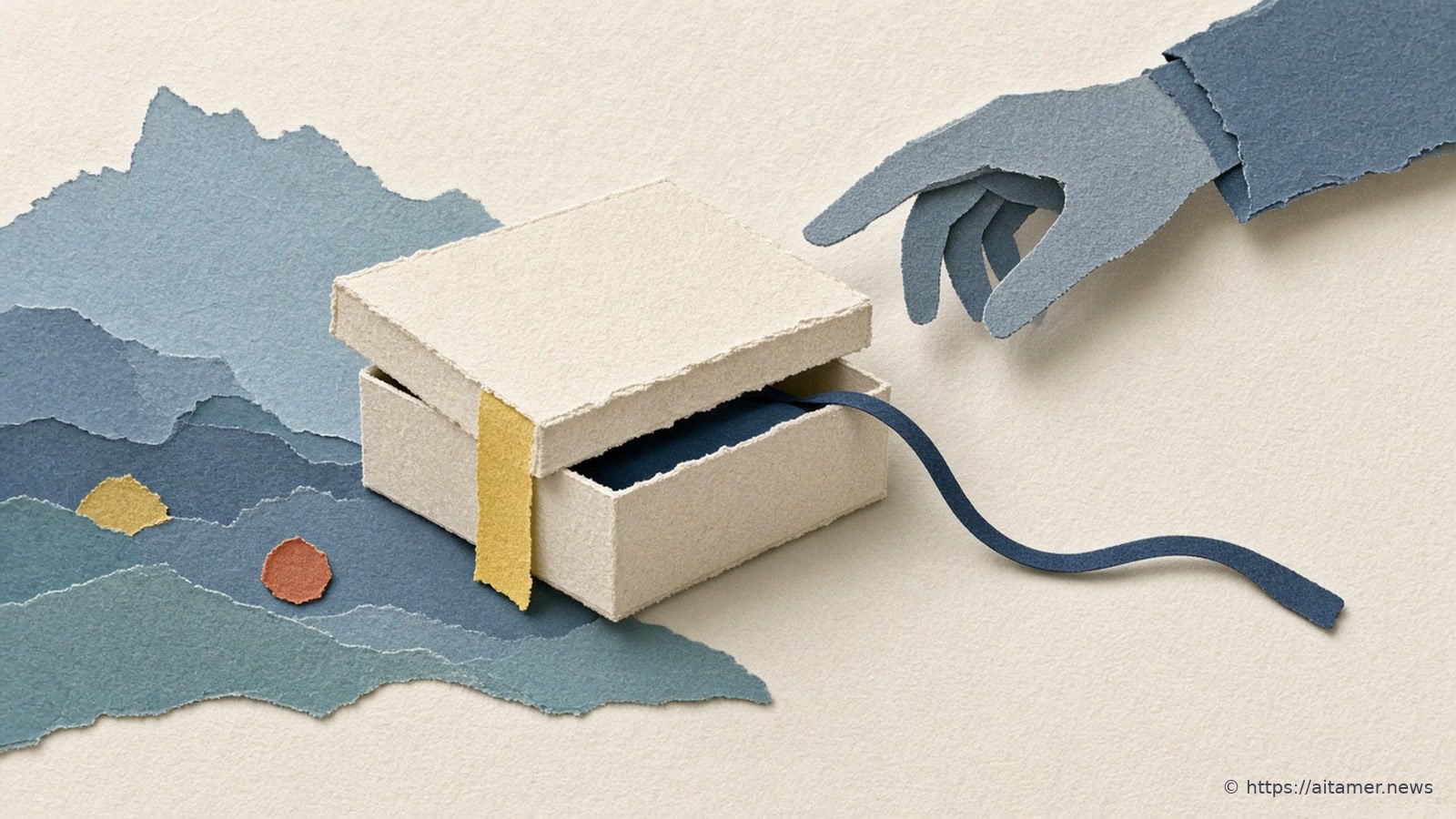 A blue paper hand reaches for a cream starter box whose lid is open just enough to let a thin dark cord snake away.
