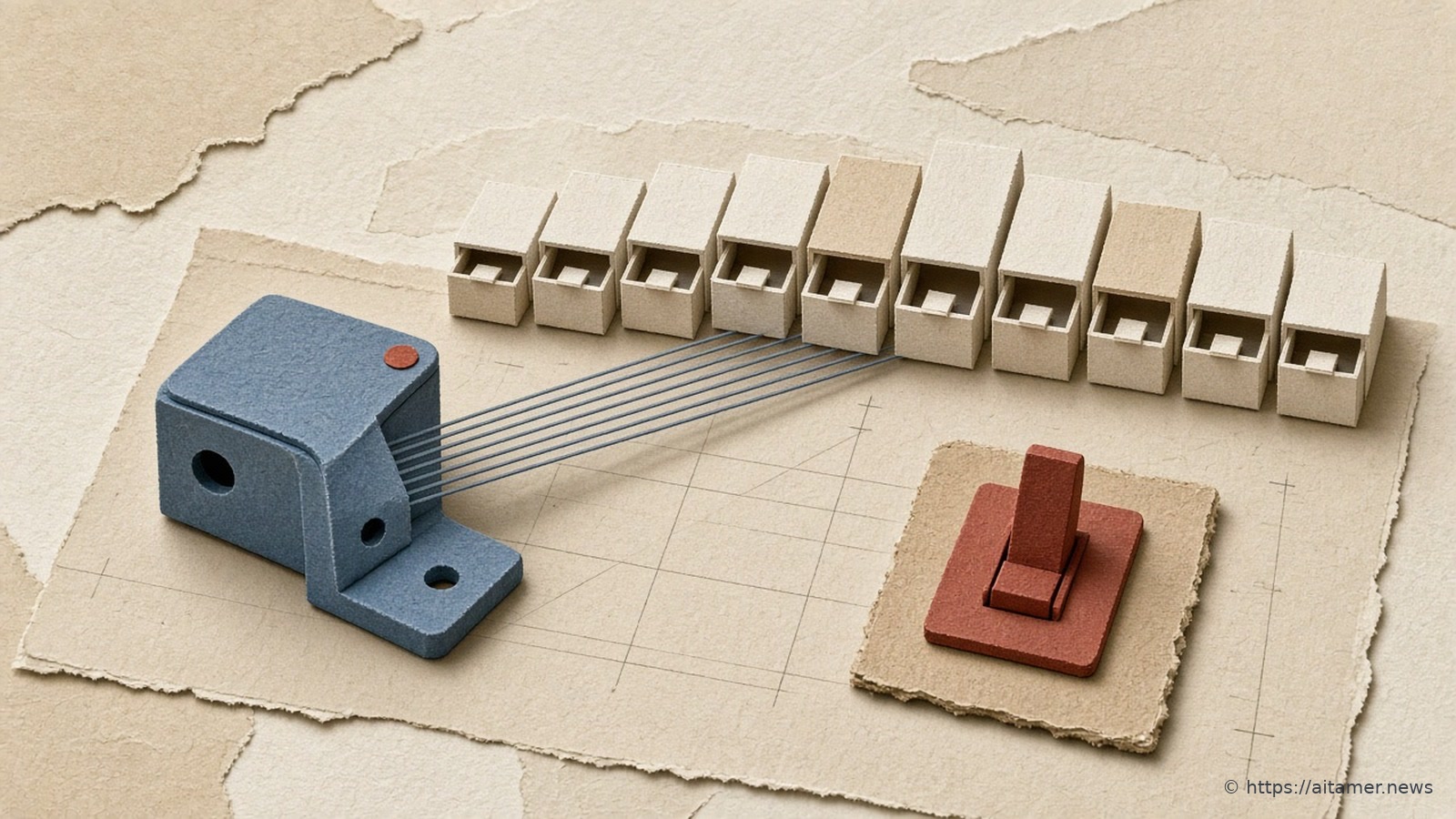 Cut-paper illustration of a slate-blue 3D bracket on a drafting board with thin threads running to a row of ten slightly open cream drawers, and a rust-red toggle switch in front.