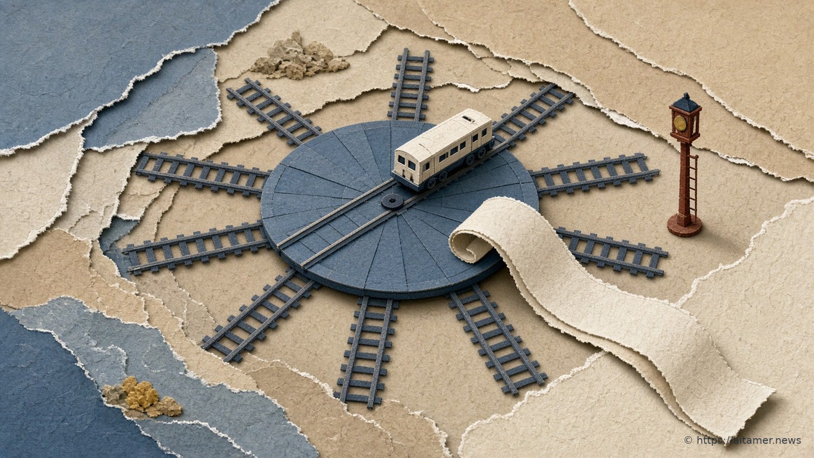 A slate-blue paper turntable with radiating tracks, a cream railcar, and a long cream paper scroll.