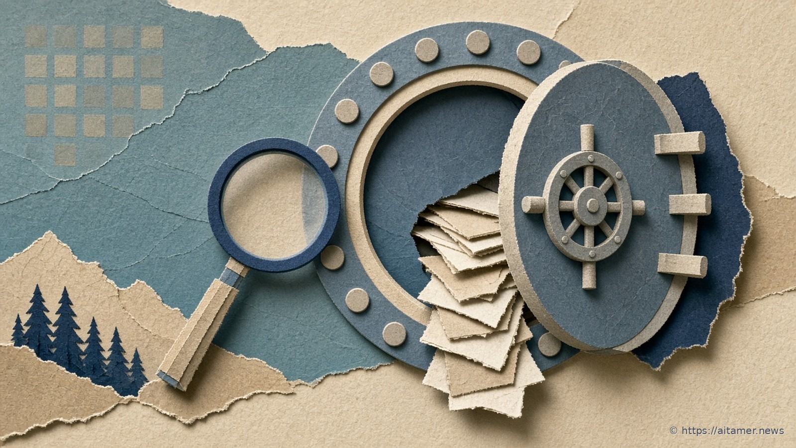 Paper-cut slate-blue vault door swung open with loose cream papers spilling from the vault, and a navy magnifying glass held up beside it.