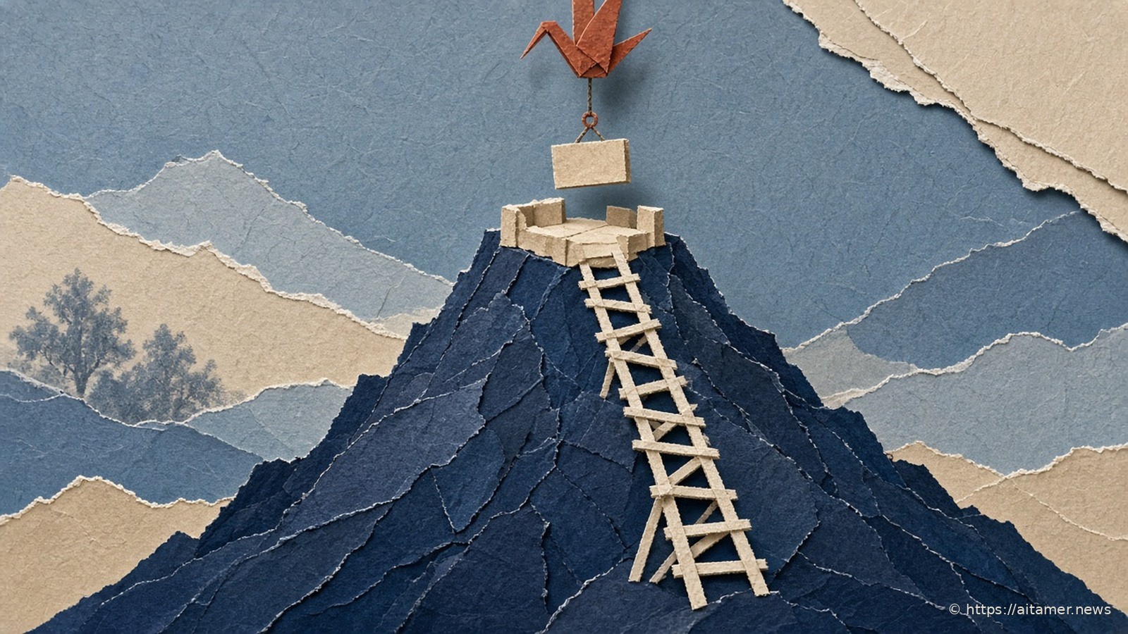 Paper-cut navy unfinished mountain with a cream ladder and scaffold, a rust origami crane lowering a block onto the peak.