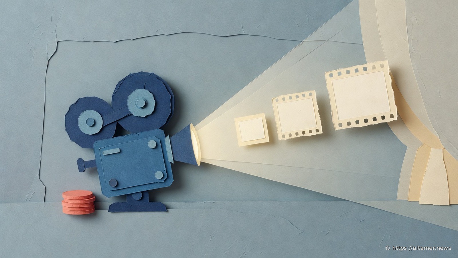 Navy paper film projector casting a soft beam that holds three blank film frames in small, medium, and large sizes, with a short stack of coral paper coins beside it.