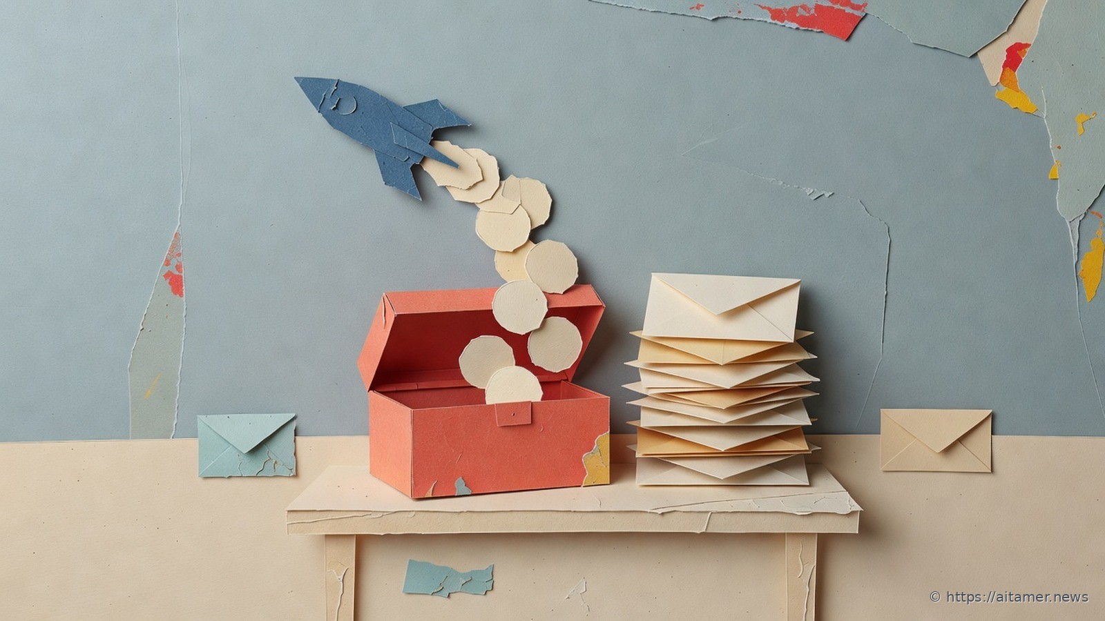 Paper-cut illustration of a small slate rocket trailing round cream tokens down into an open coral box on a workbench, beside a neat stack of paper envelopes.