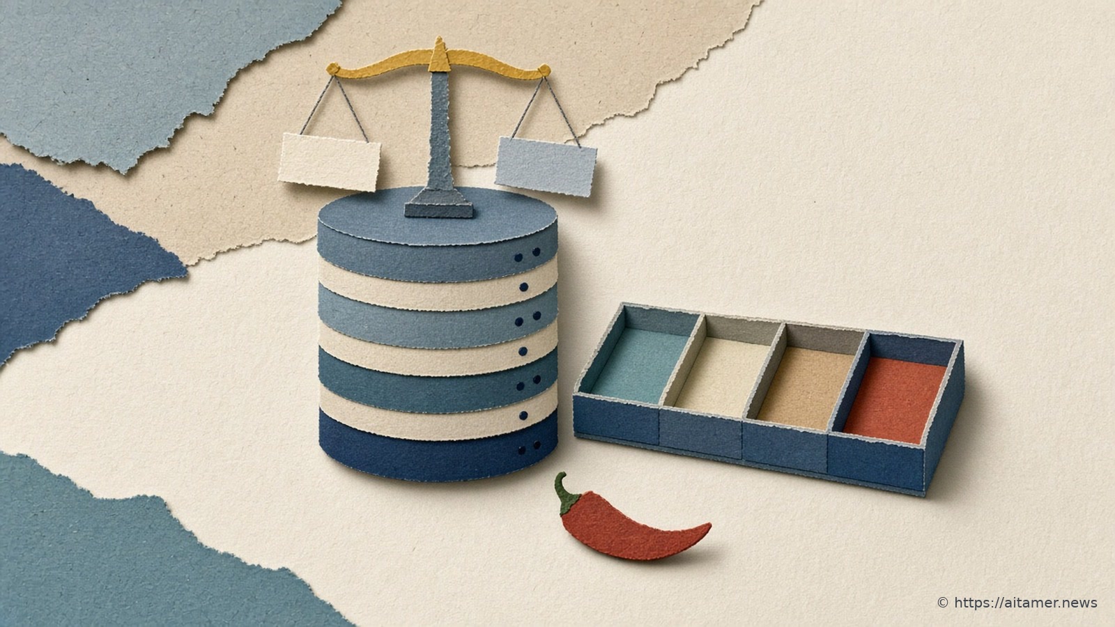 A paper-cut collage of stacked database drums with a small balance scale weighing two cards and a row of sorting trays.