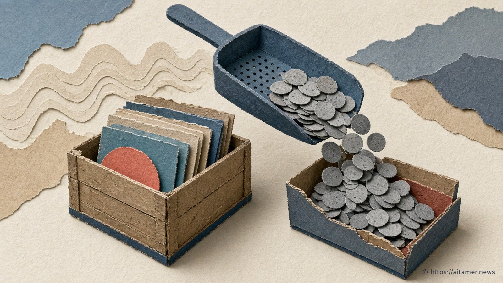 A slate-blue paper sieve scoop pours grey paper discs into a shallow blue tray, beside a sand paper crate holding upright blue, cream and coral paper record sleeves, against cream and blue paper waves.