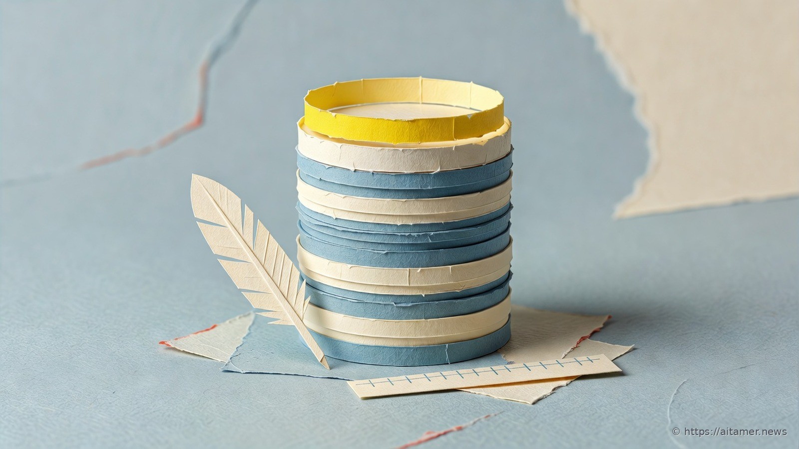 A paper-cut stack of cream and steel-blue rings forms a database cylinder, a new sulfur-yellow ring on top, with a cream quill and a small ruler at its base.