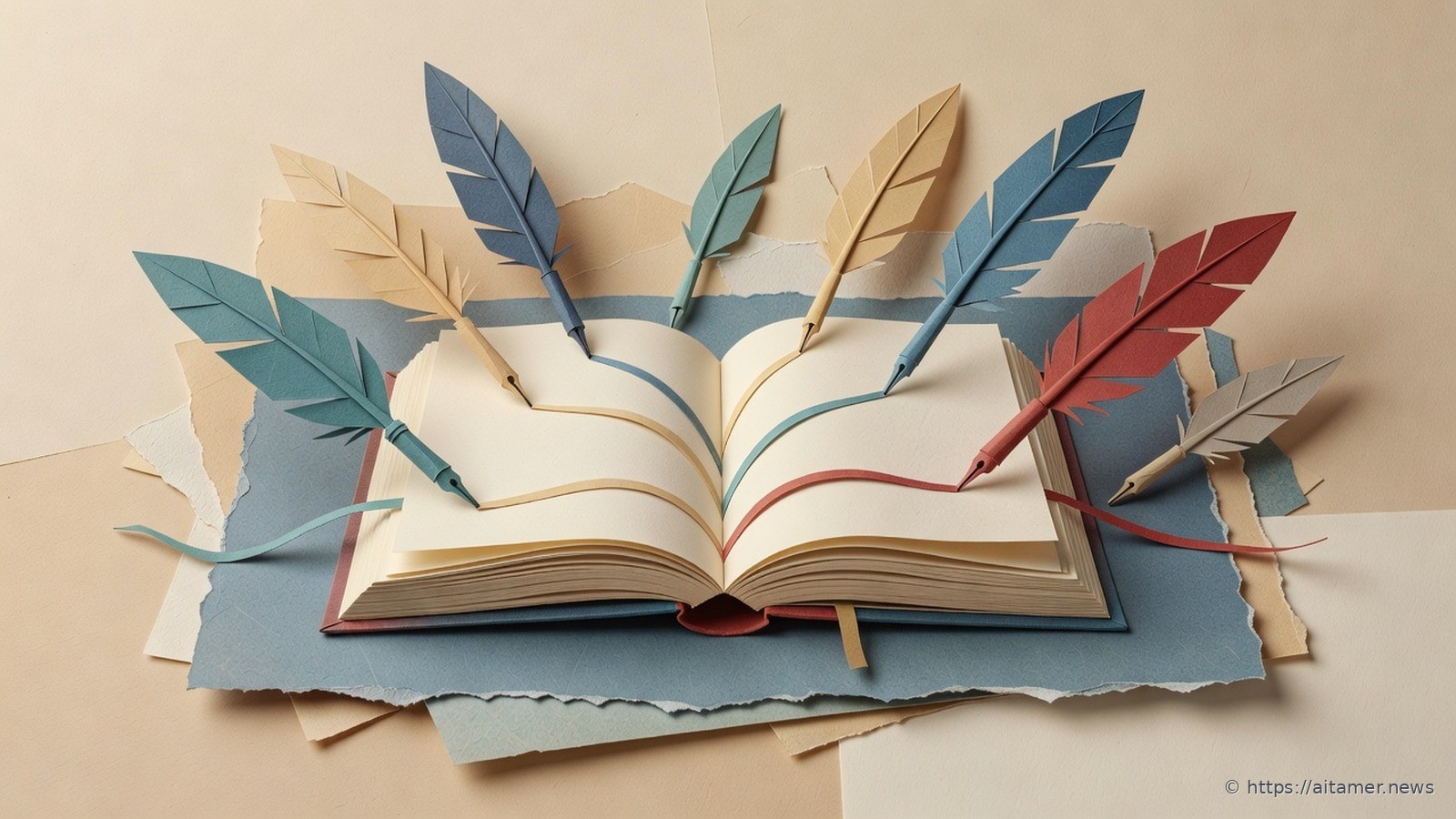 Several paper quills in teal, sand, blue and rust write at once on one open cream ledger, their ribbon trails meeting at the spine.
