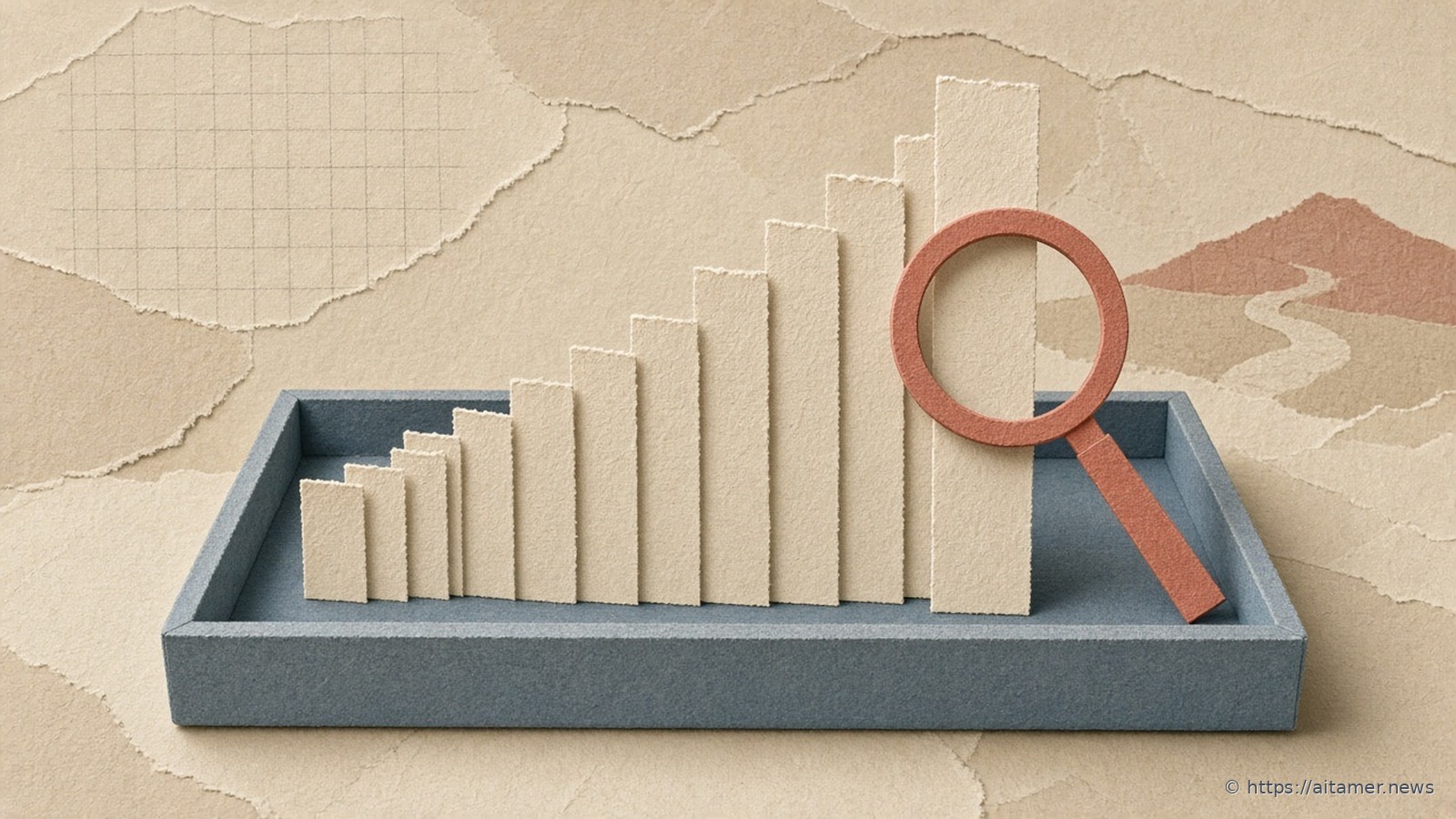 Paper-cut cream survey bars rising in a dusty-blue tray, with a coral magnifier leaning on the tallest bar.