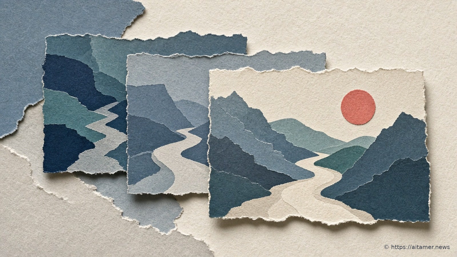 Three offset cut-paper cards of the same hill-and-river landscape, from blockier at the back to smoother at the front, with a coral sun.