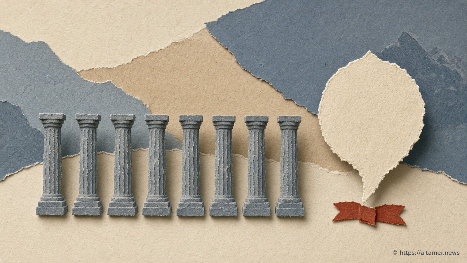 Eight slate-blue paper columns standing in a row facing a tall ivory paper speech bubble with a rusty-red paper ribbon at its base.