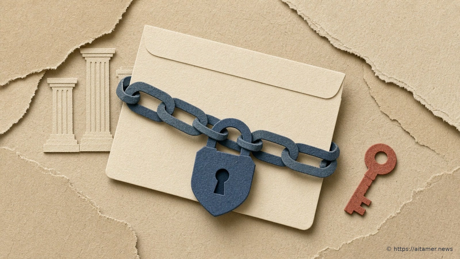 A slate-blue paper chain and padlock wrap a cream envelope beside three small sand paper columns, with a rust-red paper key lying apart on torn sand paper layers.