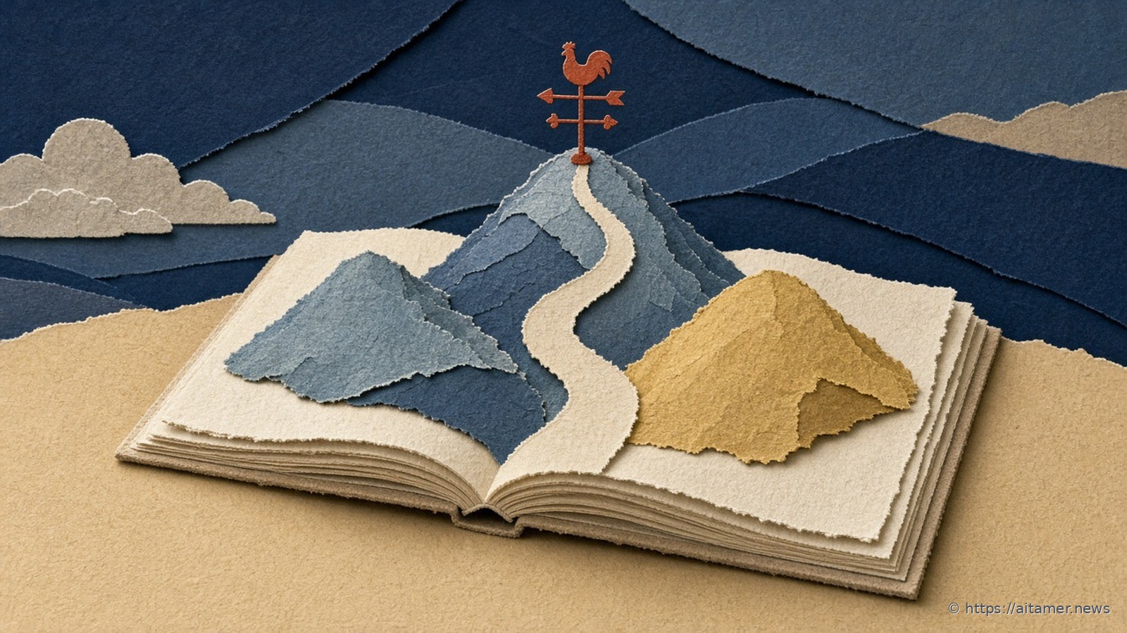 Paper-cut illustration of an open cream annual report whose pages rise into paper hills of different heights and a winding road, with a rust weathervane on the tallest hill under a navy sky.