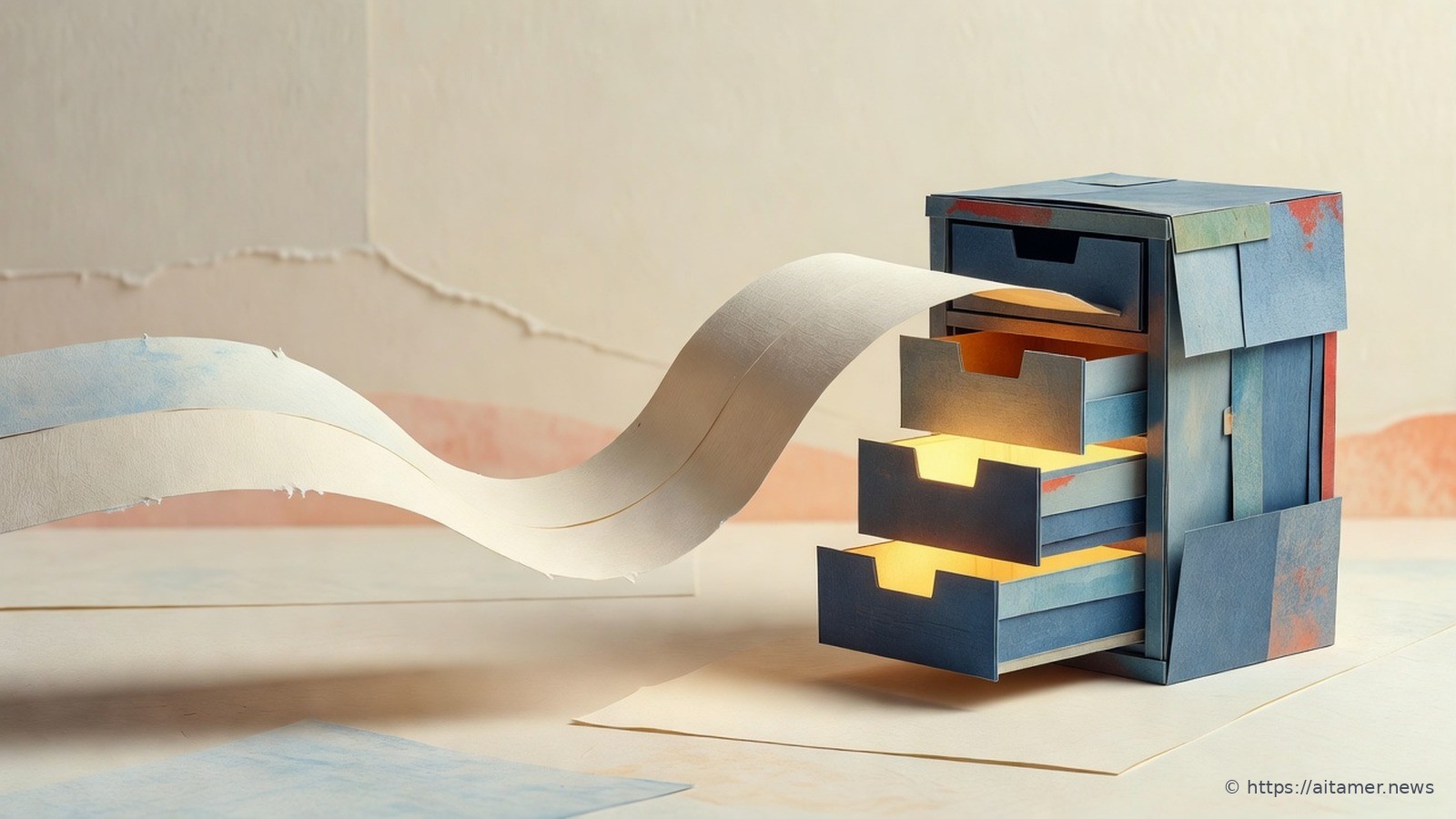 Paper-cut illustration of a long cream paper scroll flowing into a slate cabinet of small drawers, with three drawers pulled open and glowing yellow.
