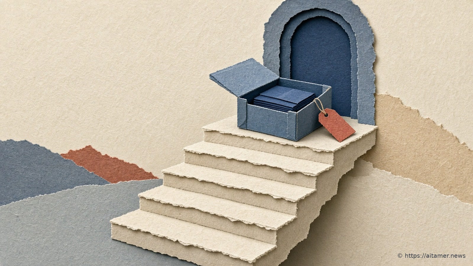 An ivory cut-paper staircase rising to a slate-blue doorway, an open crate of steel-blue blocks with a rusty-red tag on the top step.