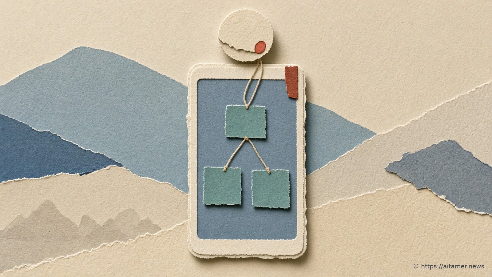 A cream paper phone with a blue screen shows three teal paper squares linked by string, topped by a round cream head with a coral dot.