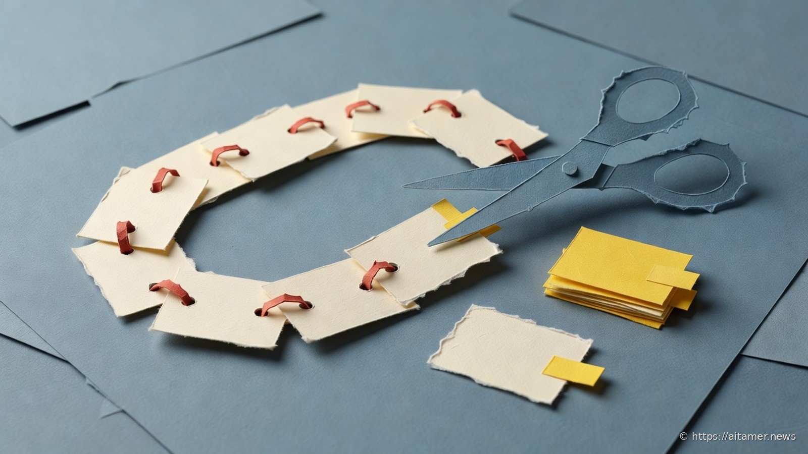 A loop of cream index cards linked by rust rings, with scissors and a pile of trimmed yellow tabs beside it.