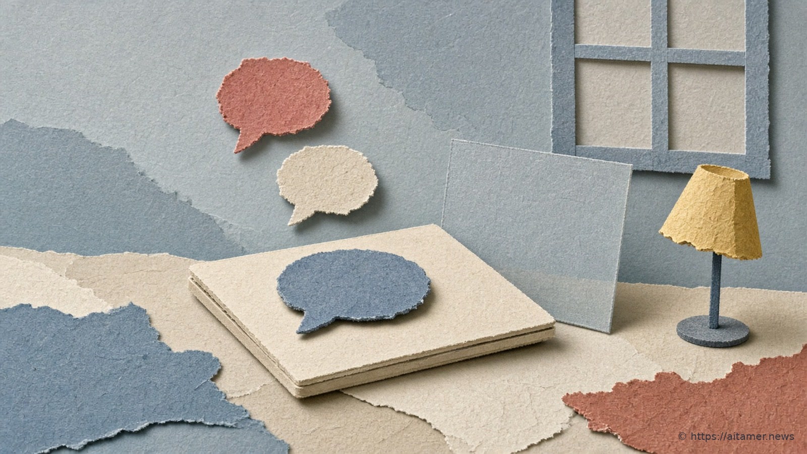 Paper collage of a closed laptop on an office desk, with two chat bubbles stopped by a clear pane while one blue bubble rests on the lid.