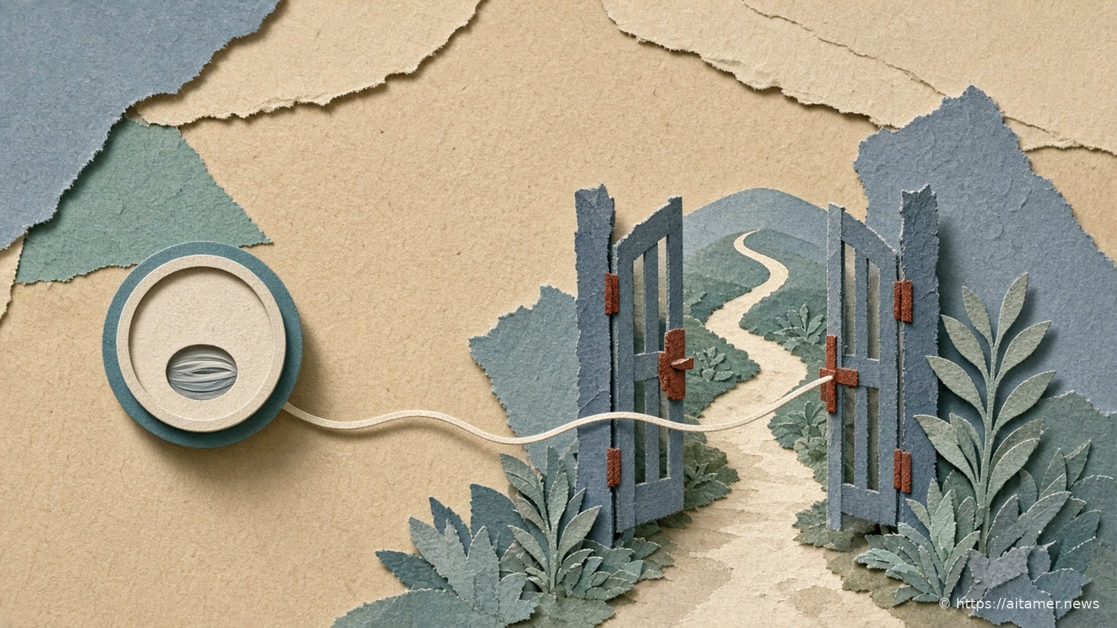 Paper-cut illustration of an open garden gate beside a spinning electric meter, a long cord running from the meter through the gate.