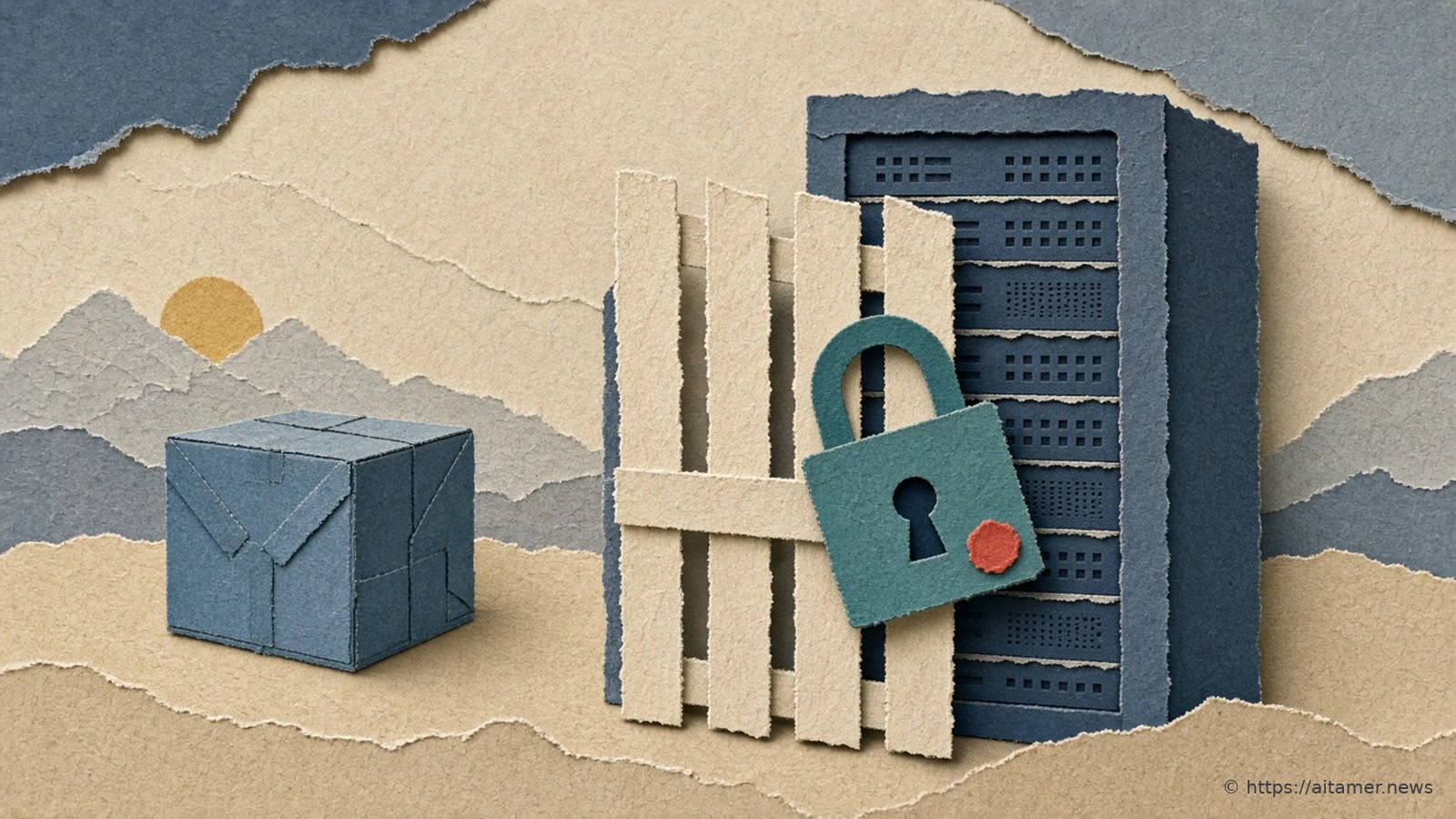 A navy paper server rack fenced off by cream wooden slats and a teal padlock with a small coral dot, beside a taped blue paper shipping box, against layered sand and grey paper hills.