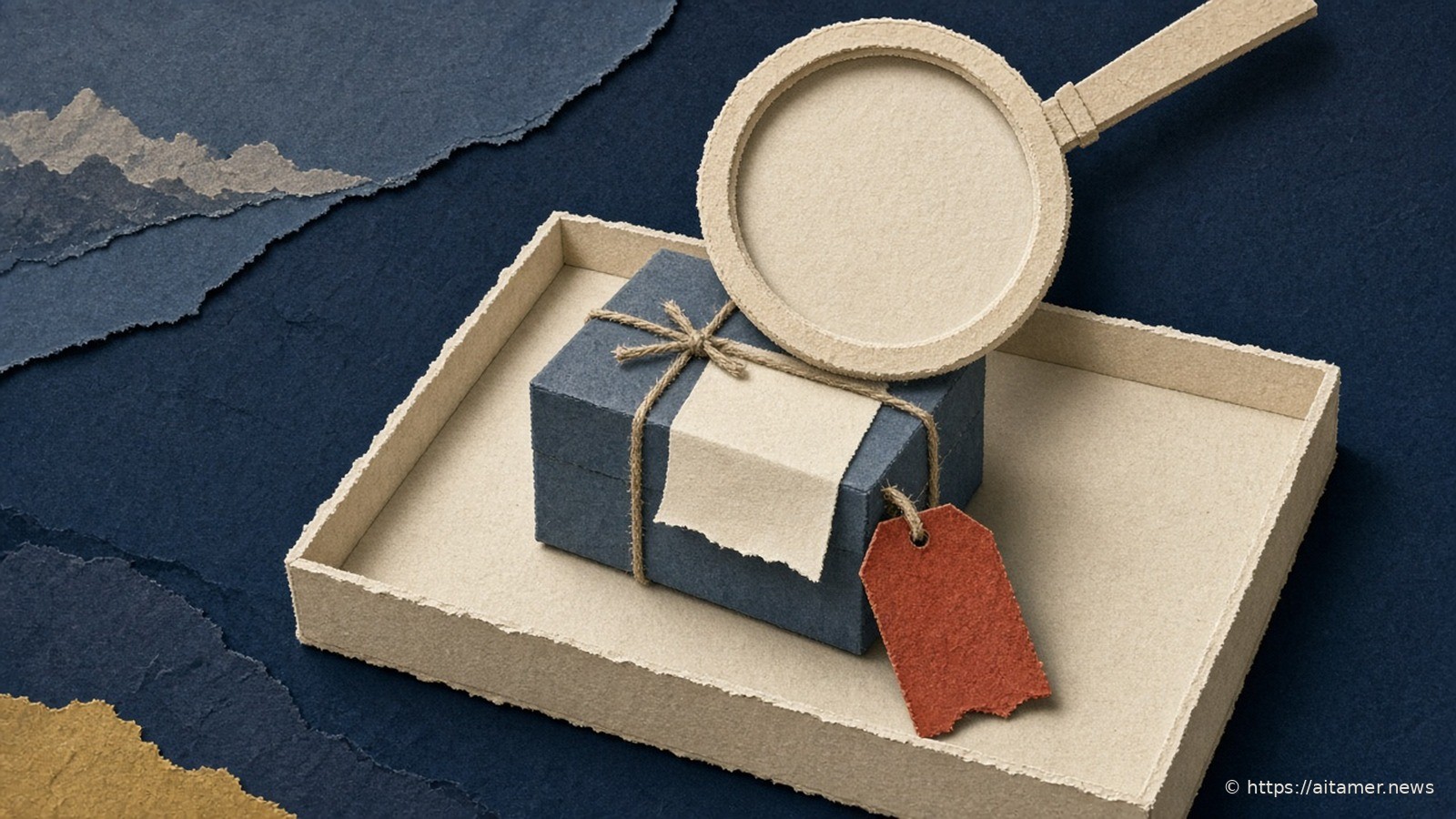 Paper-cut illustration of a slate parcel on a cream tray under a large cream lens, with a blank note tucked under the string facing the lens and a rust warning tag, on deep navy.