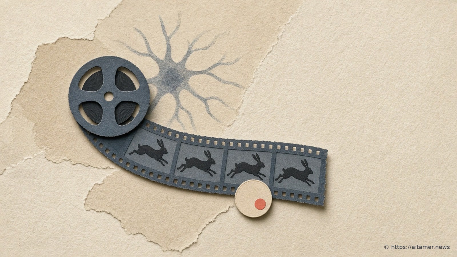 A slate-blue paper film strip with a running hare unspools from a reel, a faint neuron shape behind it and a small coral coin on the strip.
