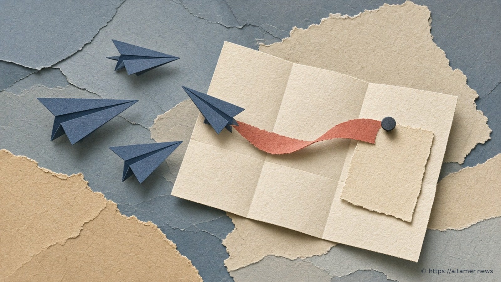 A formation of steel-blue paper airplanes flying toward a blank cream map, one turning back trailing a coral ribbon to a pinned ivory note.