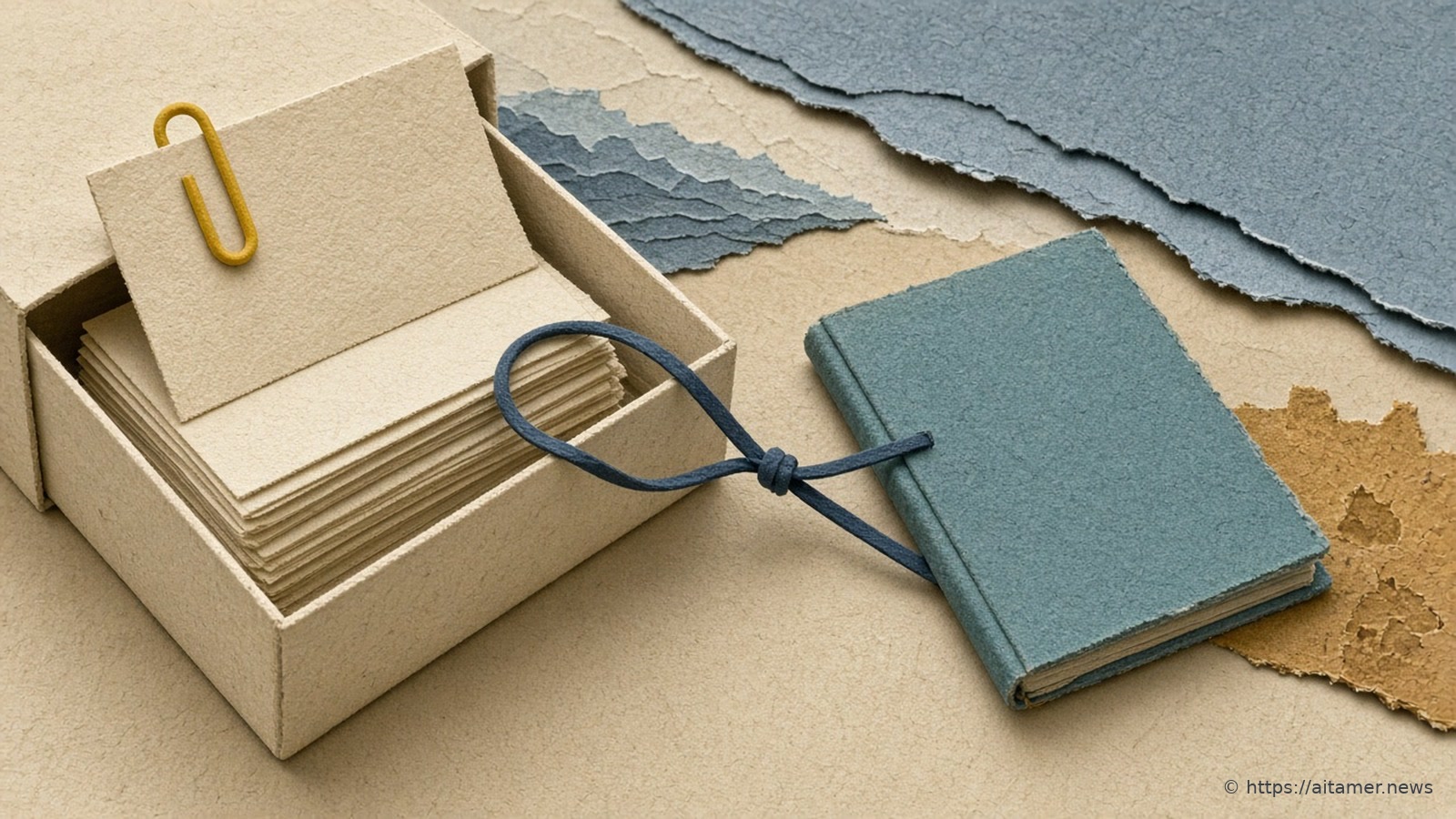 A cardboard box of cream index cards with a gold paper clip, tied by a navy cord to a closed teal notebook on sand-colored paper.