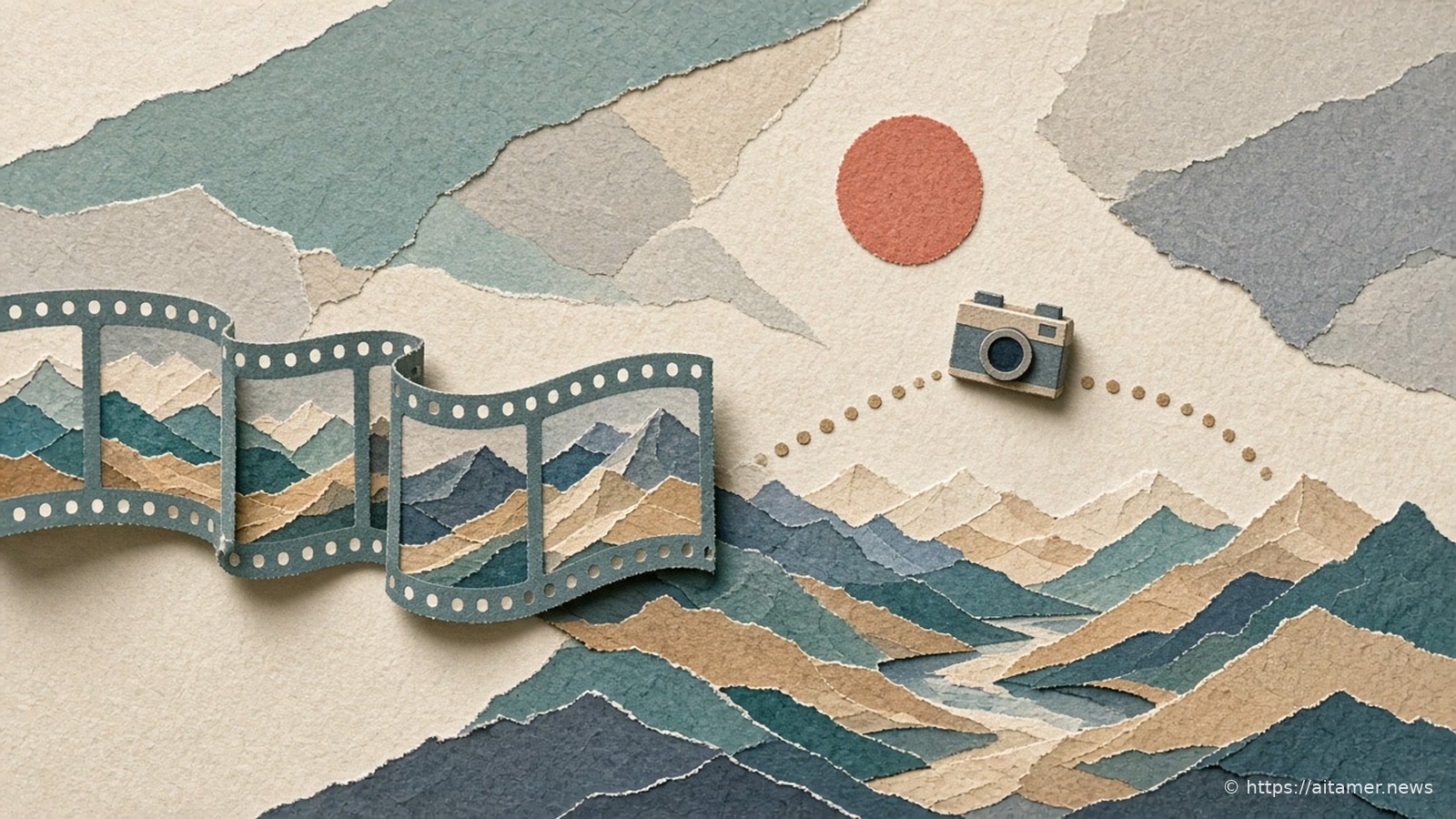 A paper film strip of mountain frames unrolls into a layered teal and sand valley, with a small camera on a dotted path and a coral sun above.