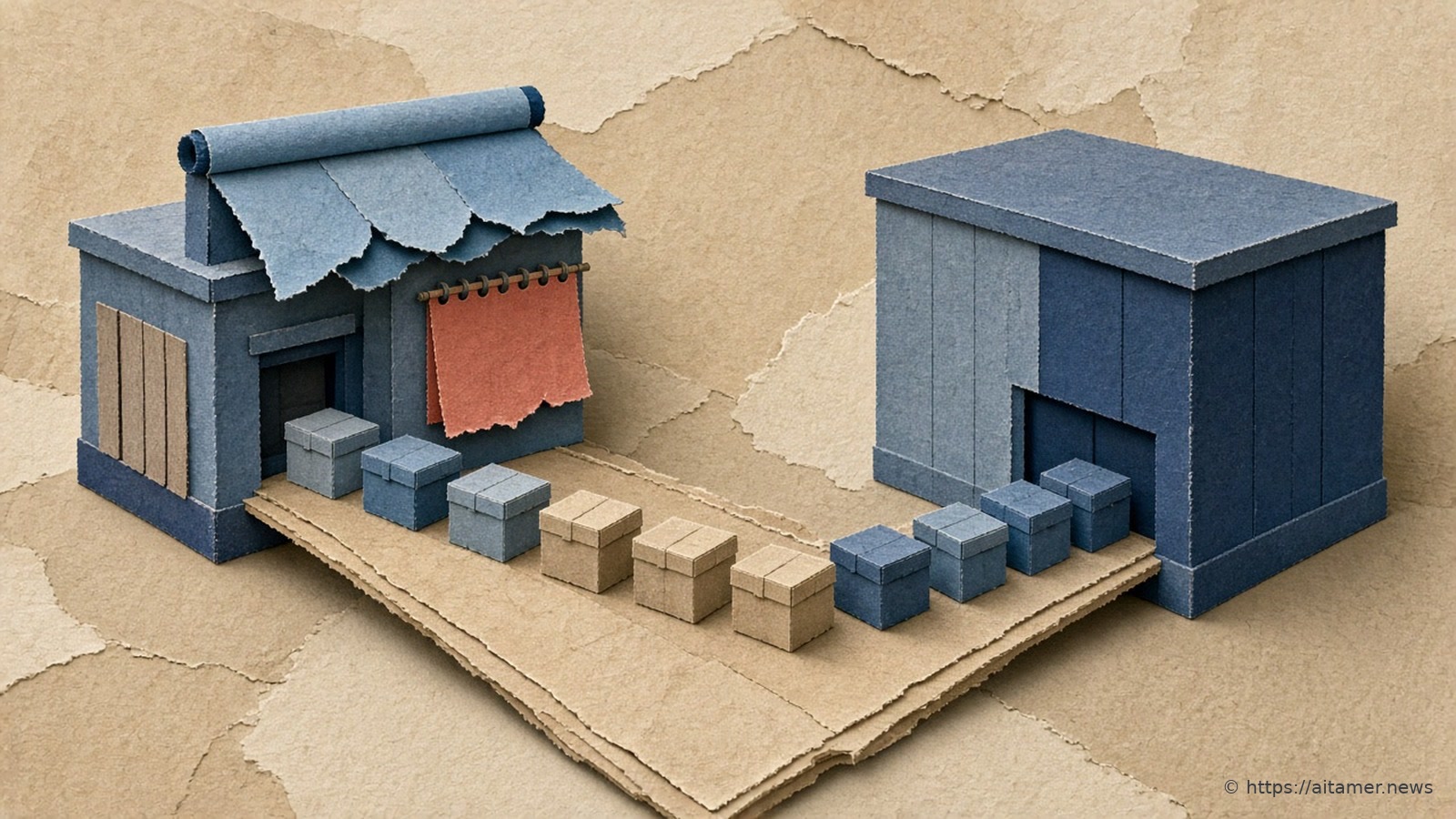 A paper-cut shop with a torn awning beside a blue warehouse, with small paper crates moving along a path from the shop into the warehouse.