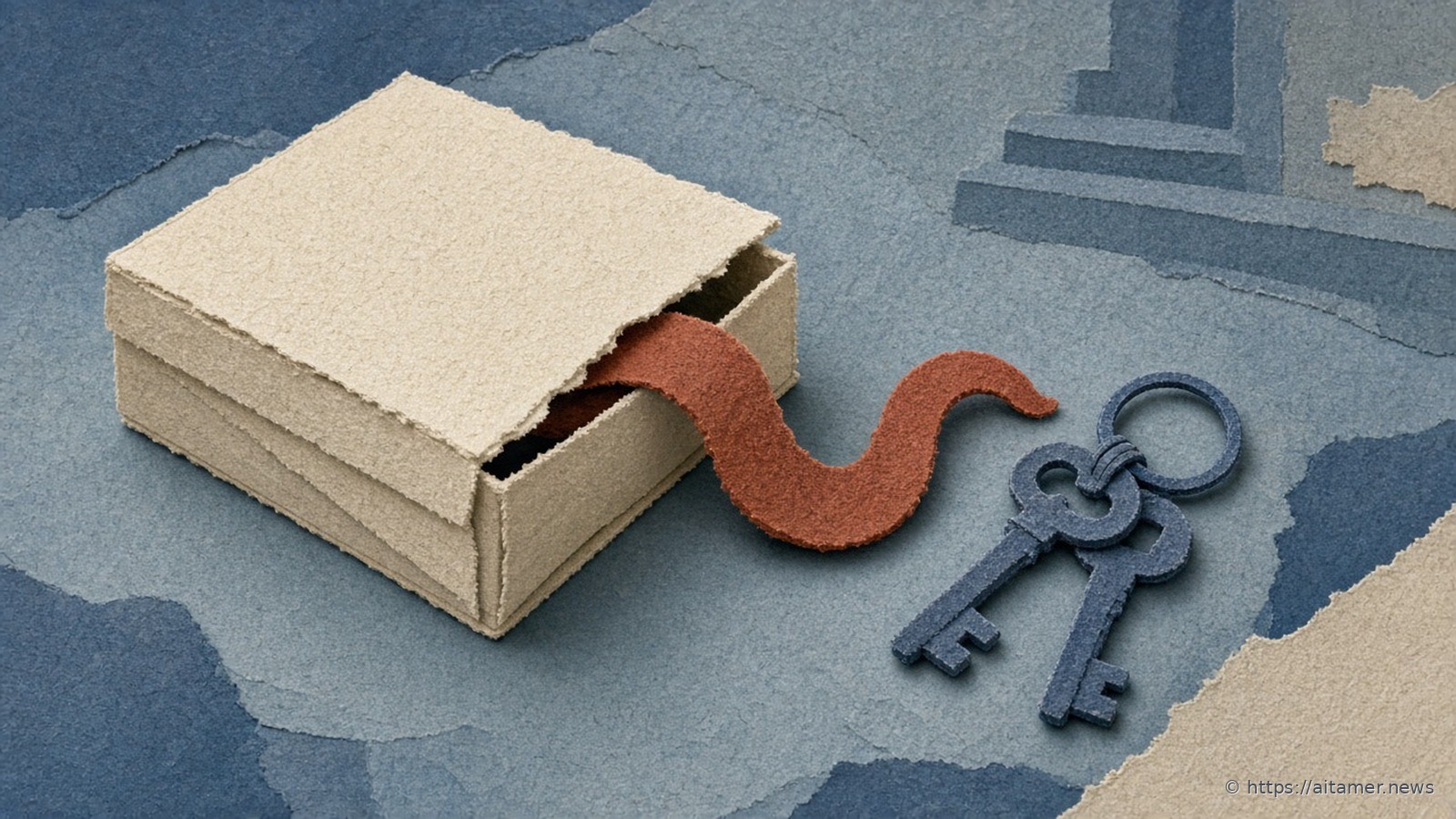 Paper-cut cream parcel box with its lid ajar and a rust worm curling out toward two slate keys on a ring.