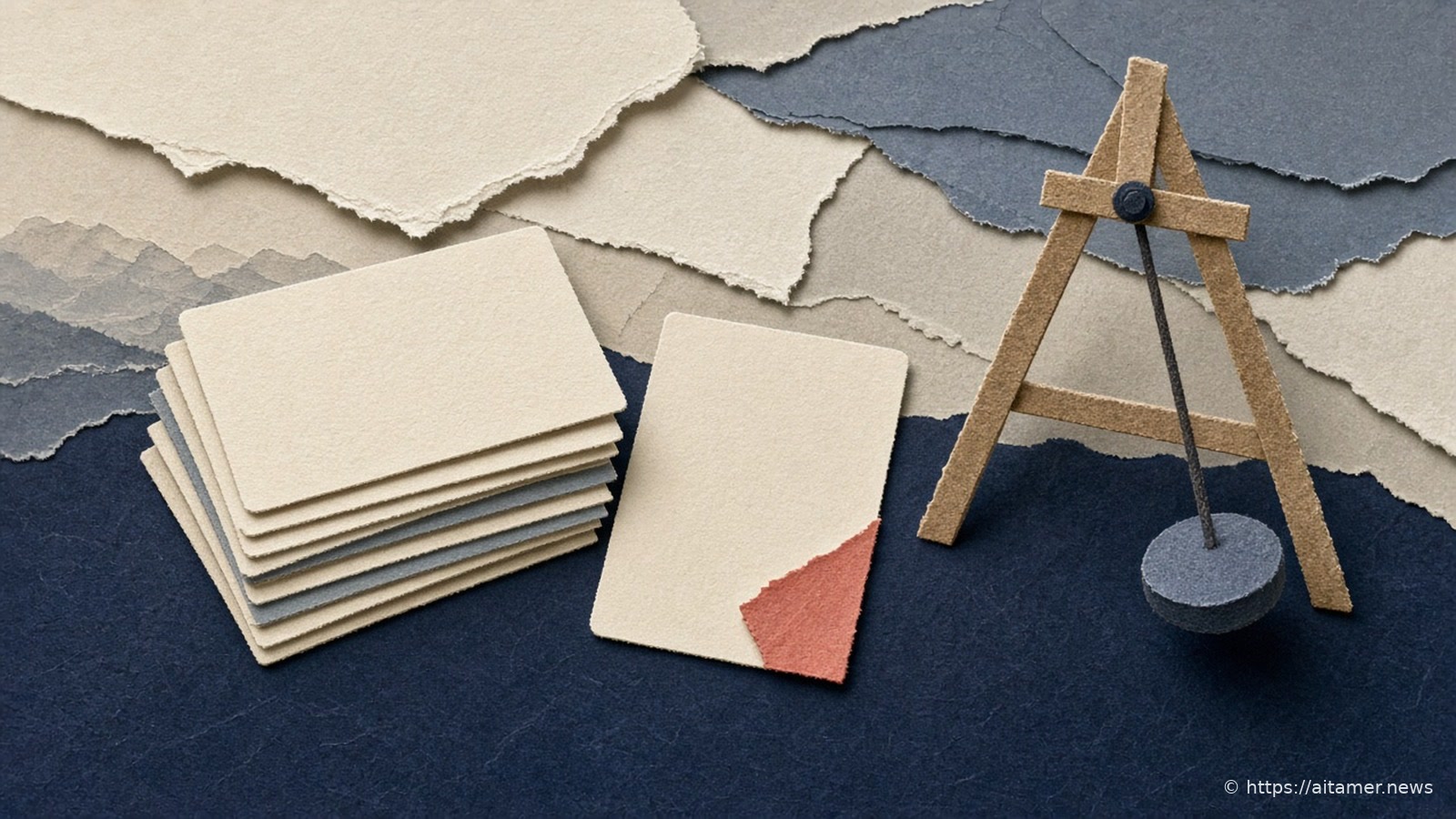 A stack of cream paper sheets beside a card with a coral corner and a small wooden easel holding a hanging slate-blue pendulum weight.