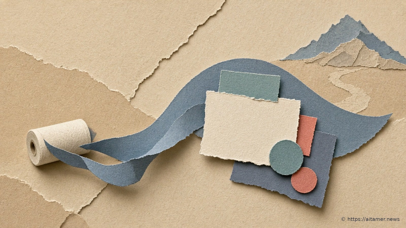 A cream paper roll unspooling a slate-blue ribbon that flows into layered cream, teal and slate cards with coral and teal paper circles.