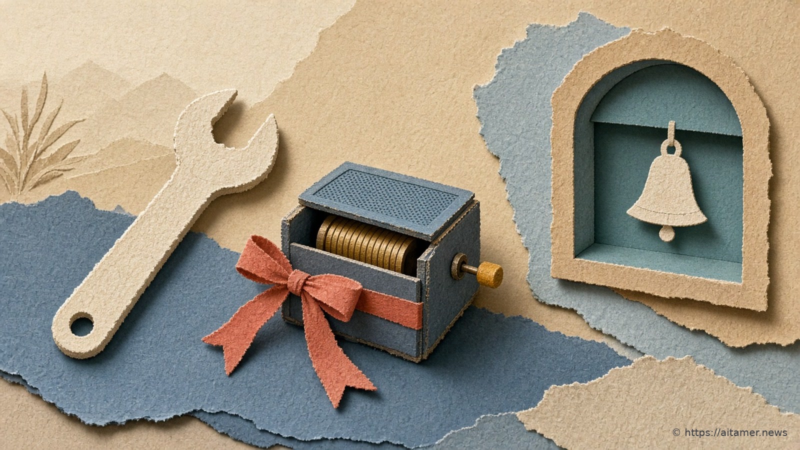 A cream paper wrench beside a slate music box tied with a coral ribbon bow, and a cream bell hanging in a teal arched alcove.