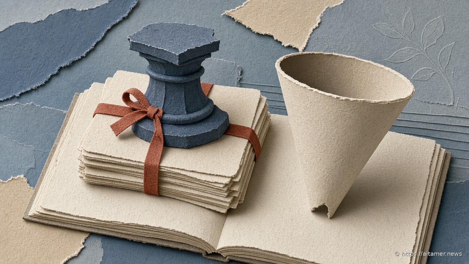 Paper-cut open book holding a ribbon-tied stack of cream cards under a slate-blue pedestal, with an empty cream paper cone standing beside it.