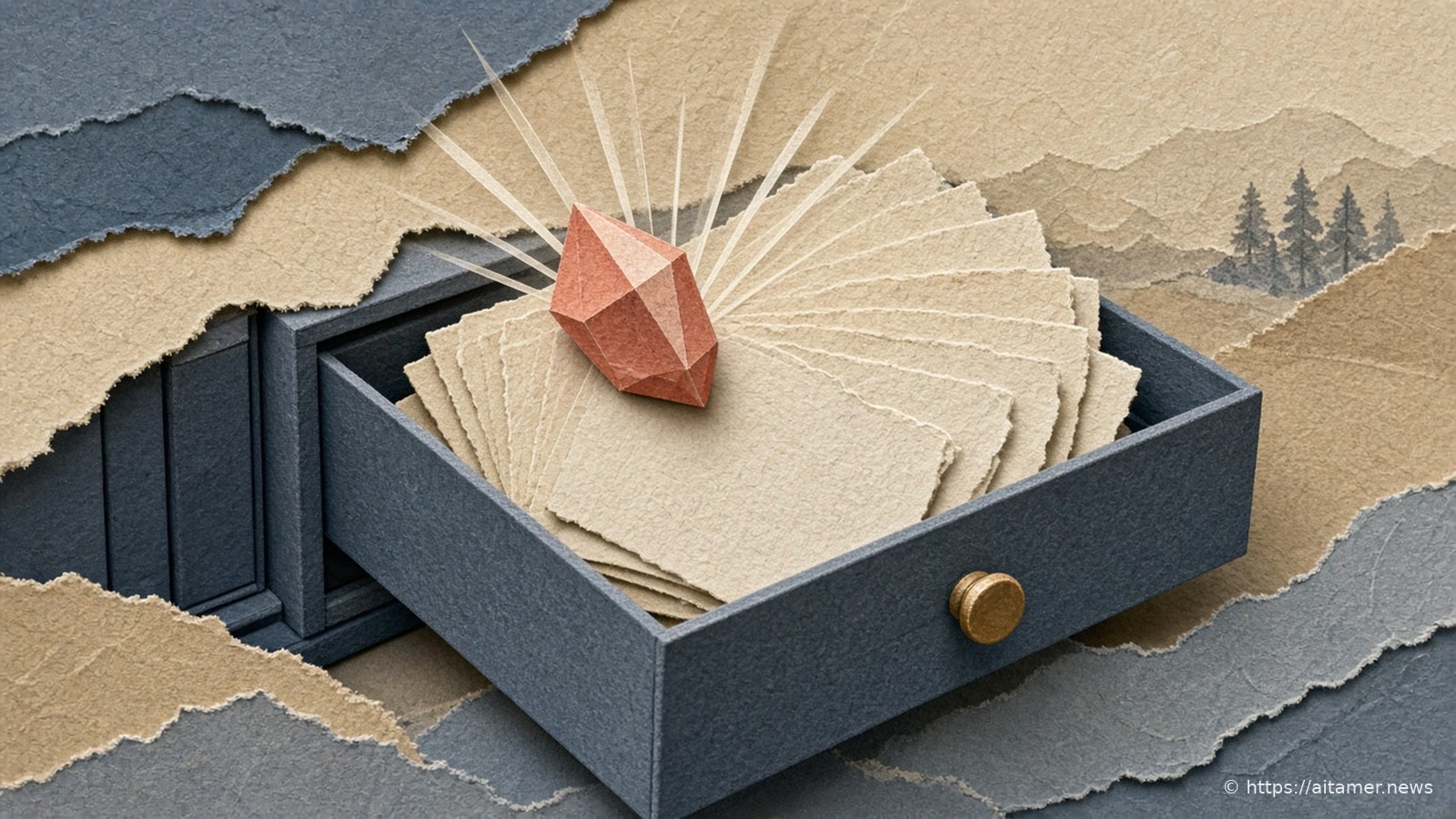 An open slate-blue paper card-catalog drawer of fanned ivory index cards, with a coral paper prism resting on top casting pale rays.