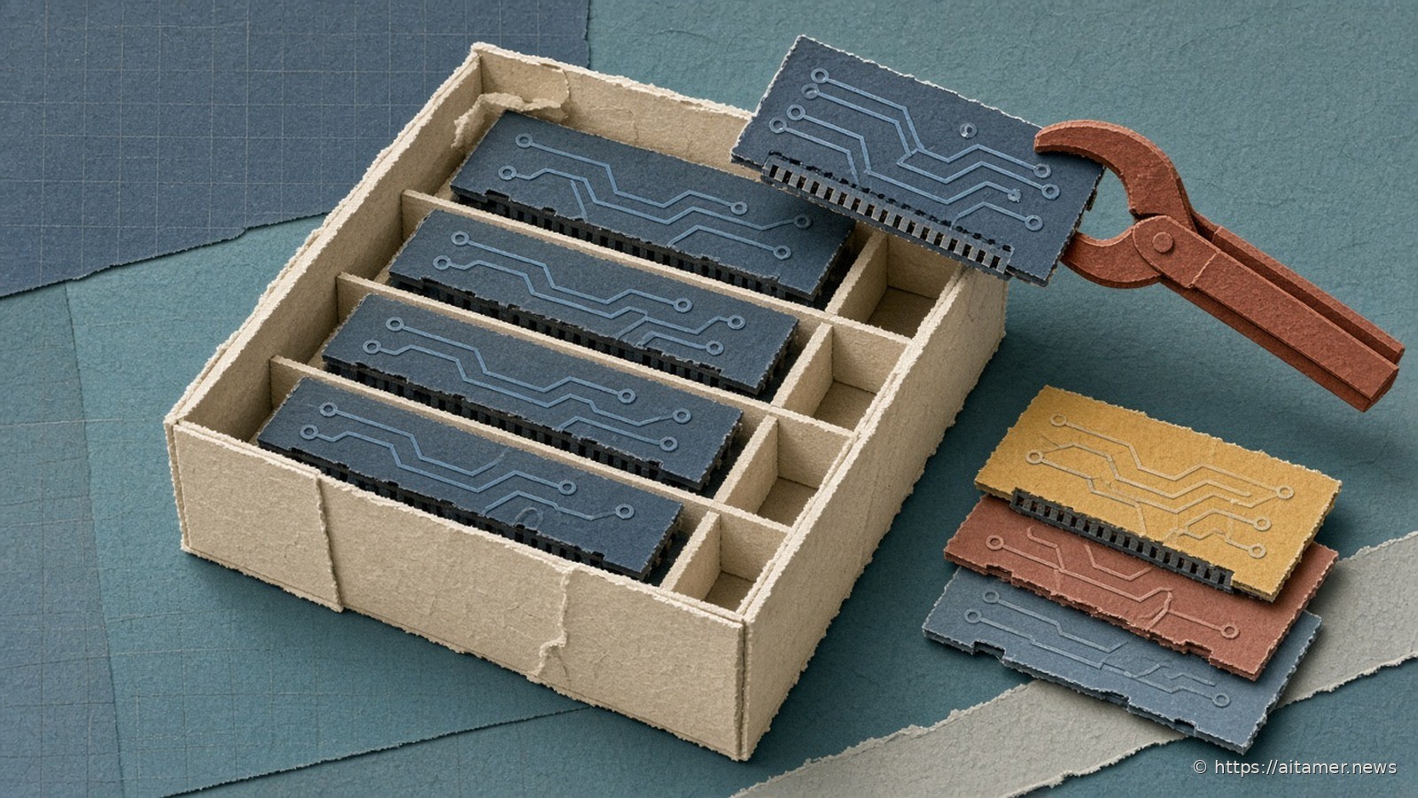 Paper-cut illustration of an open cream case with four slate card modules in slots, one lifted by rust pliers, spare modules beside, on a muted teal grid.