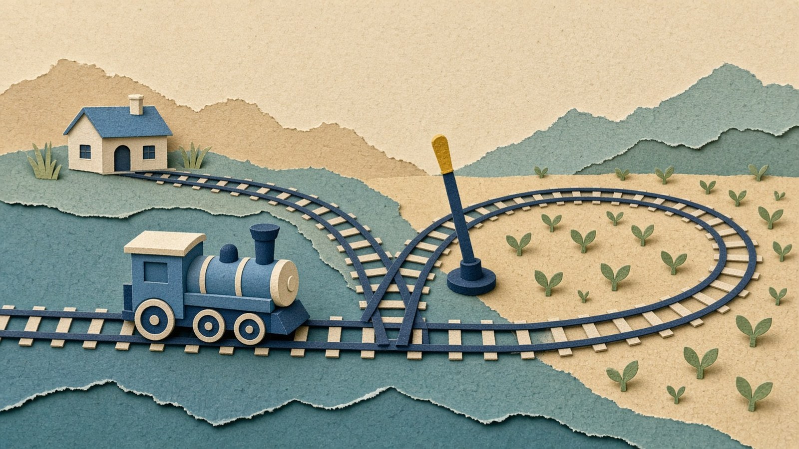 A paper train on a branching track with a yellow switch lever.